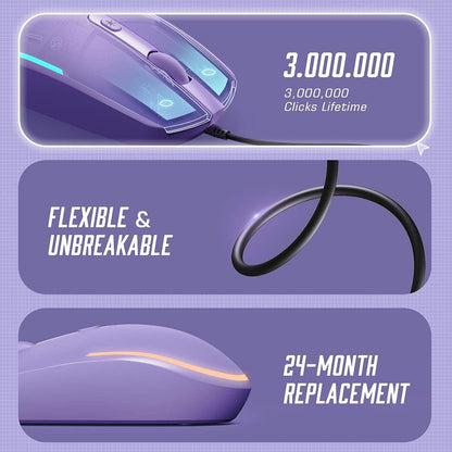 Wired Mouse - USB Computer Mouse Wired with RGB Backlit Optical LED Mouse with Attached USB Cord for Laptops Notebooks Chromebook - Purple
