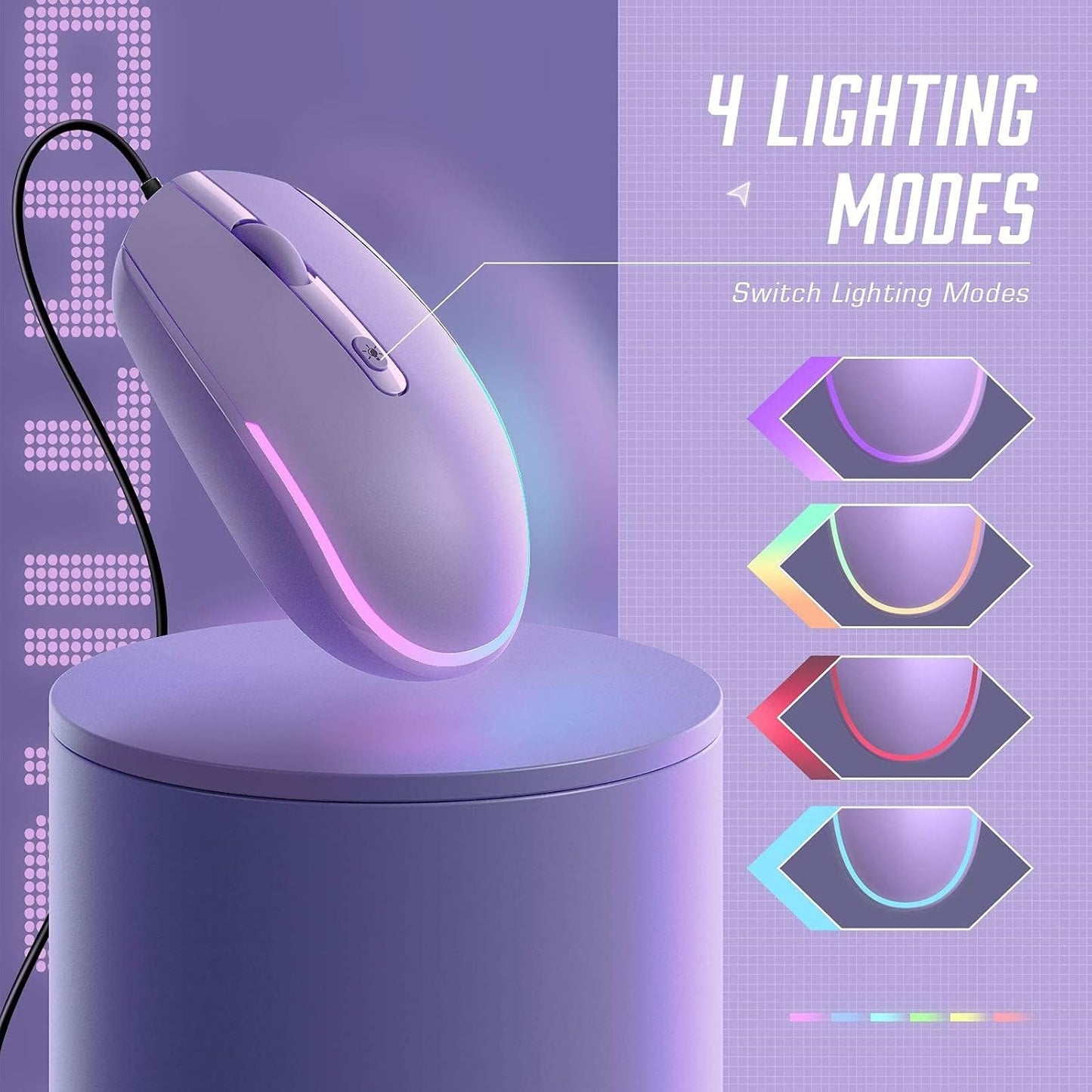 Wired Mouse - USB Computer Mouse Wired with RGB Backlit Optical LED Mouse with Attached USB Cord for Laptops Notebooks Chromebook - Purple